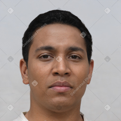 Neutral latino young-adult male with short  black hair and brown eyes