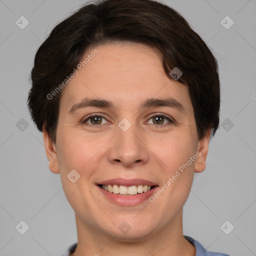 Joyful white young-adult female with short  brown hair and brown eyes