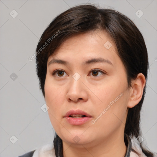 Neutral white young-adult female with medium  brown hair and brown eyes