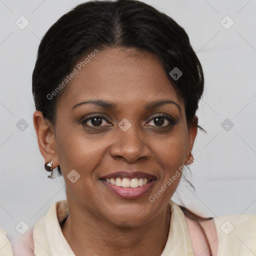 Joyful black young-adult female with medium  brown hair and brown eyes