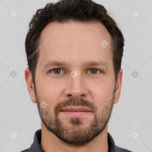 Neutral white young-adult male with short  brown hair and grey eyes