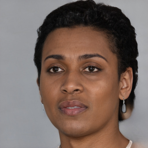 Joyful black young-adult female with short  black hair and brown eyes