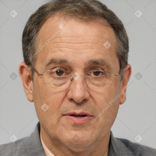 Joyful white middle-aged male with short  brown hair and brown eyes