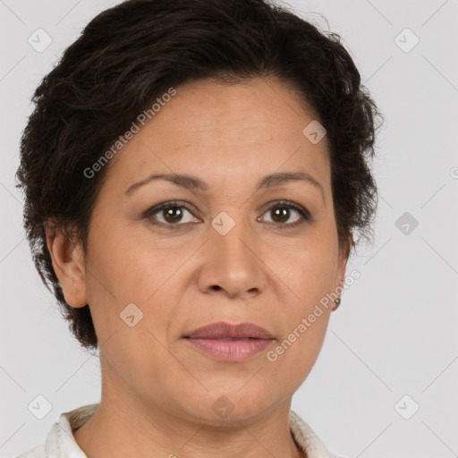 Joyful white adult female with short  brown hair and brown eyes