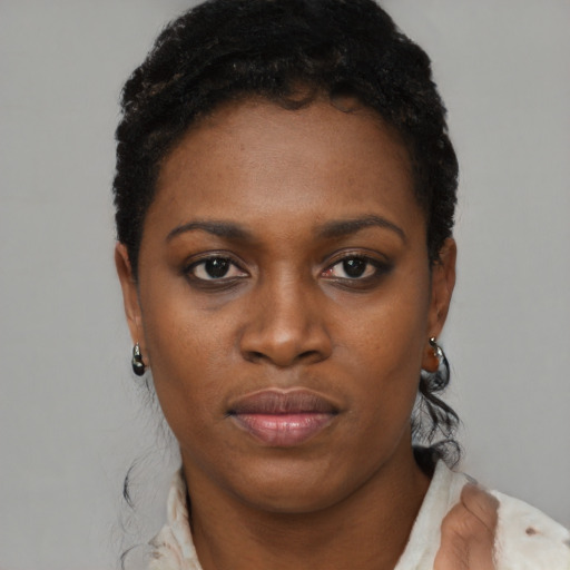 Joyful black young-adult female with short  black hair and brown eyes