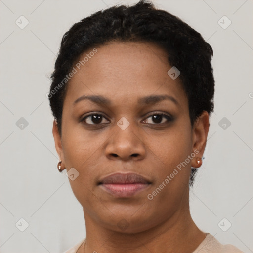 Neutral black young-adult female with short  brown hair and brown eyes