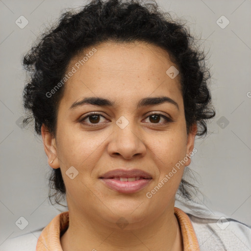 Joyful latino young-adult female with short  brown hair and brown eyes