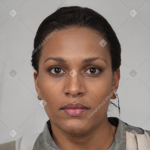 Neutral black young-adult female with short  black hair and brown eyes