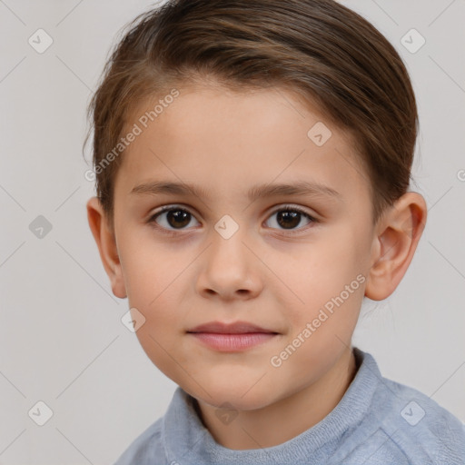 Joyful white child female with short  brown hair and brown eyes