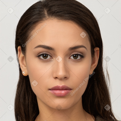 Neutral white young-adult female with long  brown hair and brown eyes