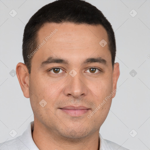 Joyful white young-adult male with short  brown hair and brown eyes