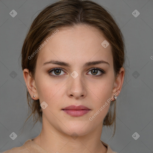 Neutral white young-adult female with medium  brown hair and brown eyes