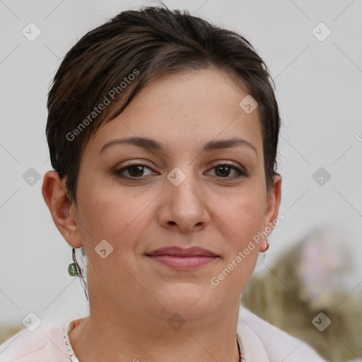 Joyful white young-adult female with short  brown hair and brown eyes