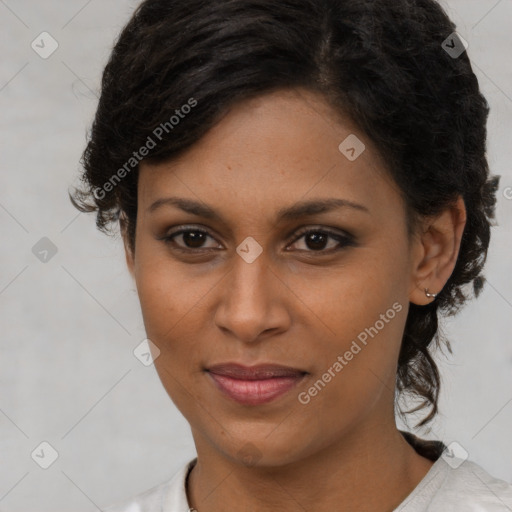 Joyful latino young-adult female with short  brown hair and brown eyes