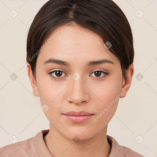 Neutral white young-adult female with short  brown hair and brown eyes