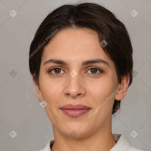 Joyful white young-adult female with medium  brown hair and brown eyes