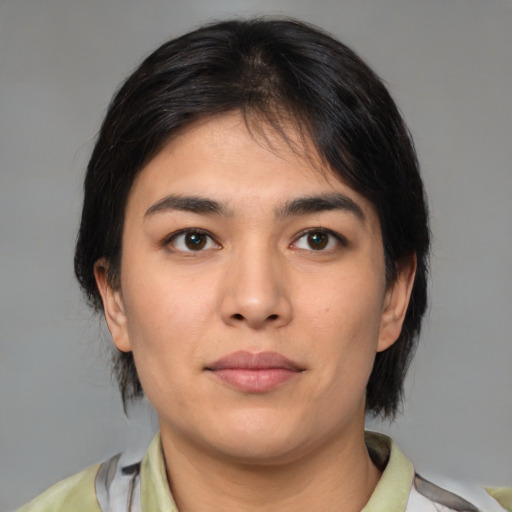 Neutral latino young-adult female with medium  brown hair and brown eyes