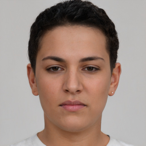 Neutral white young-adult female with short  brown hair and brown eyes