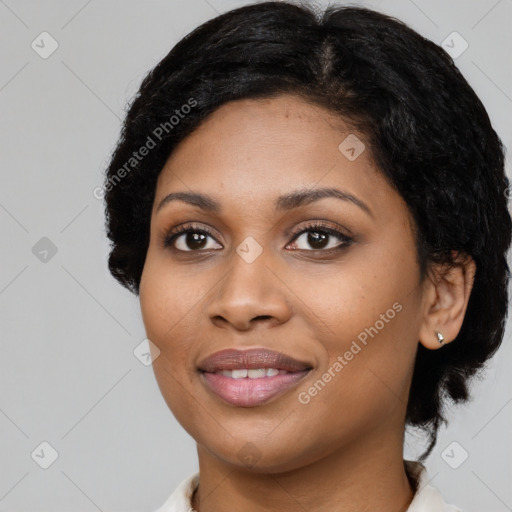 Joyful latino young-adult female with medium  black hair and brown eyes