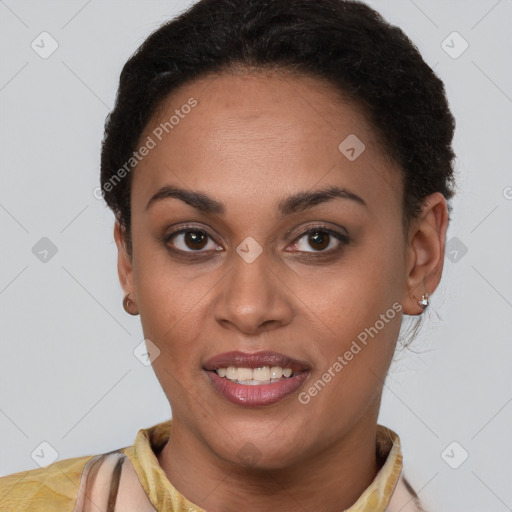 Joyful latino young-adult female with short  brown hair and brown eyes