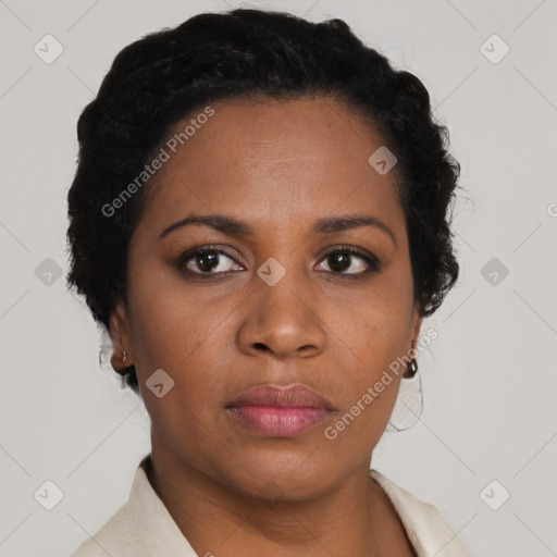 Neutral black young-adult female with short  black hair and brown eyes