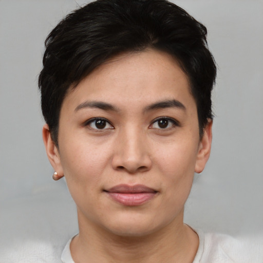 Joyful asian young-adult female with short  brown hair and brown eyes