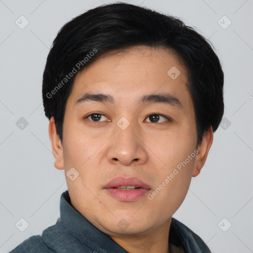 Neutral asian young-adult male with short  black hair and brown eyes