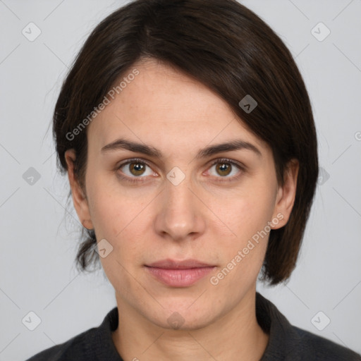 Neutral white young-adult female with medium  brown hair and brown eyes