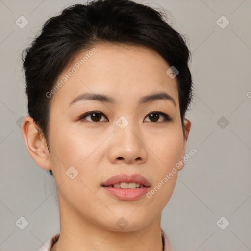 Joyful asian young-adult female with short  brown hair and brown eyes