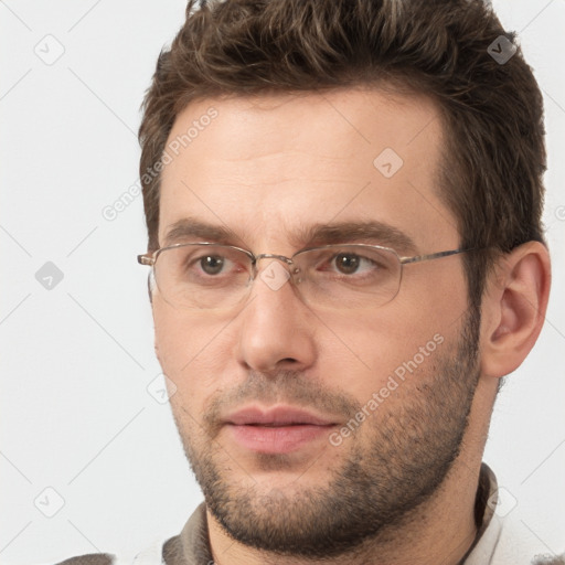 Neutral white adult male with short  brown hair and brown eyes