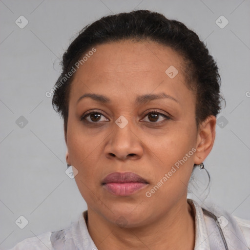 Neutral black adult female with short  brown hair and brown eyes