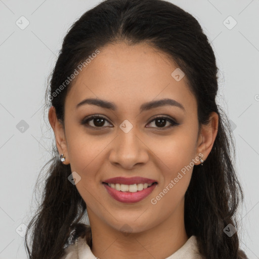 Joyful latino young-adult female with long  brown hair and brown eyes