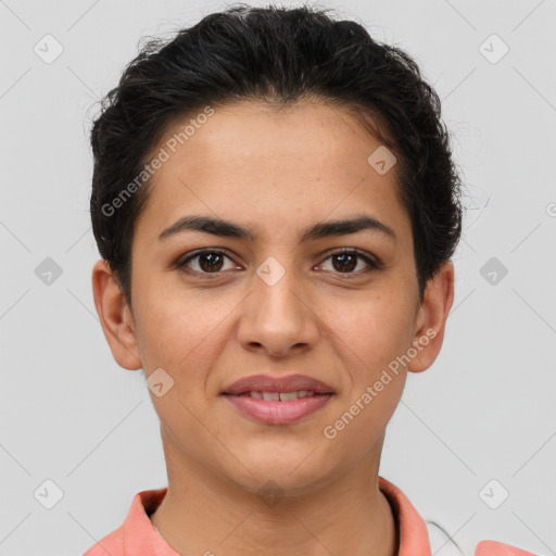 Joyful latino young-adult female with short  brown hair and brown eyes