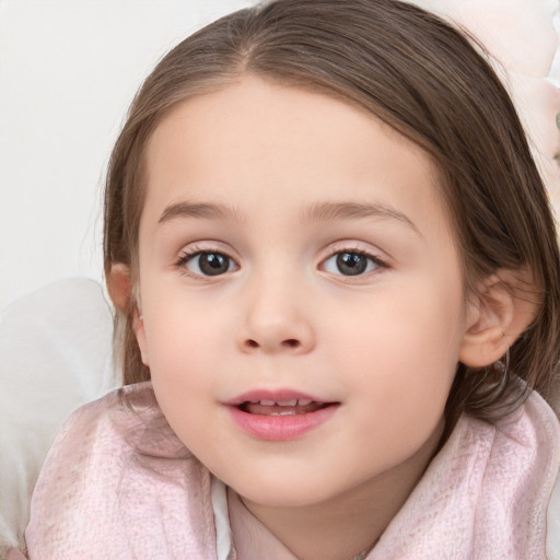 Joyful white child female with medium  brown hair and blue eyes