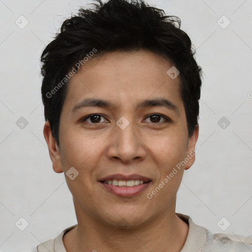 Joyful white young-adult male with short  black hair and brown eyes