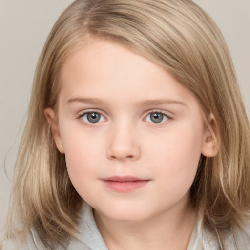 Neutral white child female with medium  brown hair and grey eyes