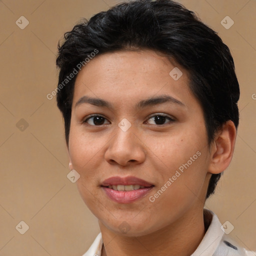 Joyful asian young-adult female with short  brown hair and brown eyes