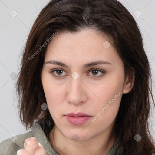 Neutral white young-adult female with medium  brown hair and brown eyes