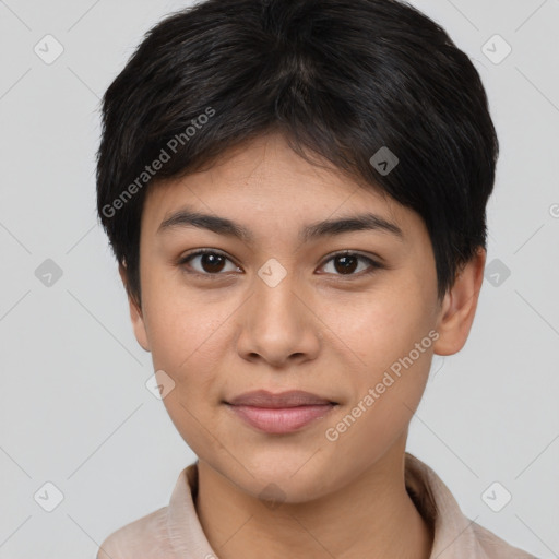 Joyful latino young-adult female with short  brown hair and brown eyes