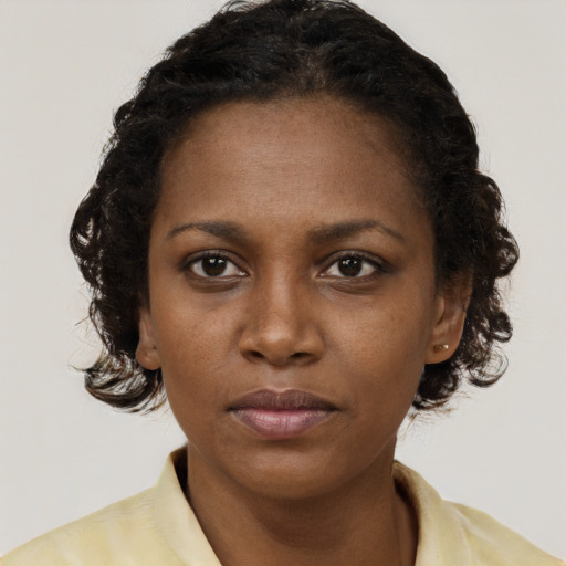 Neutral black young-adult female with short  brown hair and brown eyes