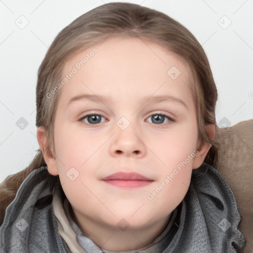 Joyful white child female with medium  brown hair and blue eyes