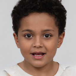 Joyful white child female with short  brown hair and brown eyes