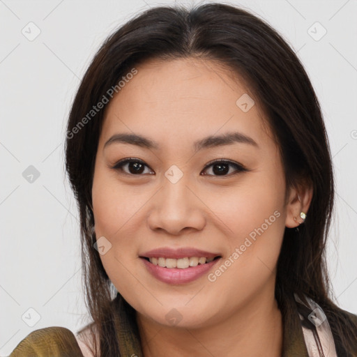 Joyful white young-adult female with long  brown hair and brown eyes