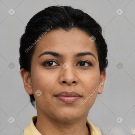 Joyful latino young-adult female with short  brown hair and brown eyes