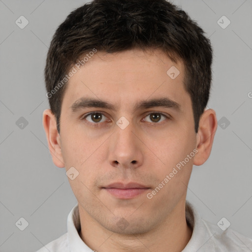 Neutral white young-adult male with short  brown hair and brown eyes