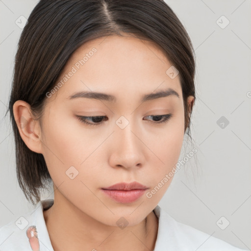 Neutral white young-adult female with medium  brown hair and brown eyes