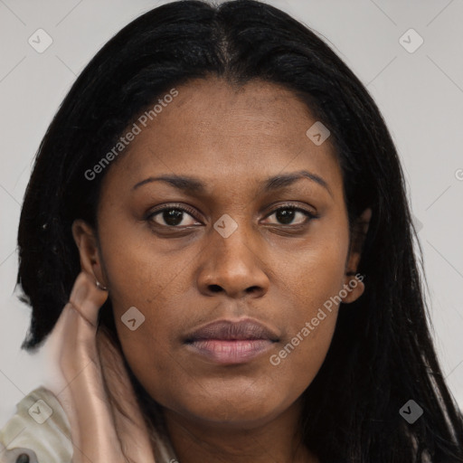 Joyful black young-adult female with long  black hair and brown eyes