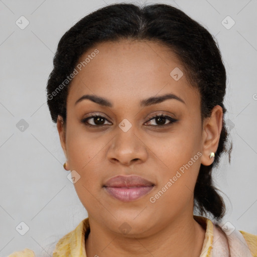 Joyful latino young-adult female with short  brown hair and brown eyes