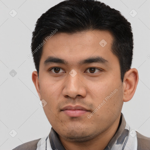 Neutral asian young-adult male with short  black hair and brown eyes