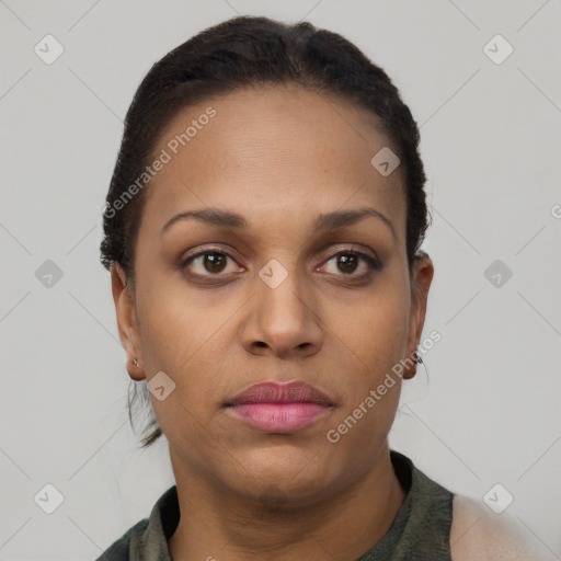 Neutral black young-adult female with short  brown hair and brown eyes